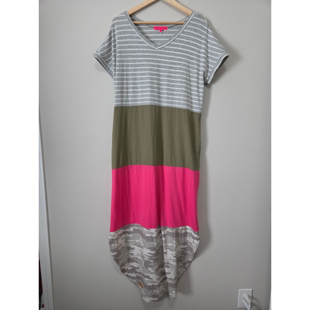 Simply Southern Colorblock Maxi Dress Pink Camo Stripe V-Neck Pockets Large